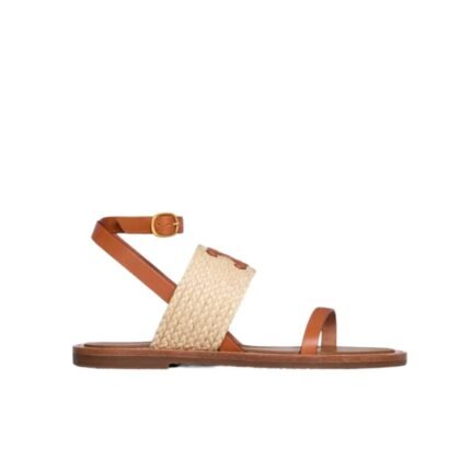 Celine Lympia Flat Strap Sandal In Raffia Calfskin Brown 352392246Cc02Et