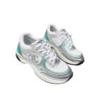 Chanel 23C Silver Metallic Cc Logo Lace Up Flat Runner Trainer Sneaker White Turquoise