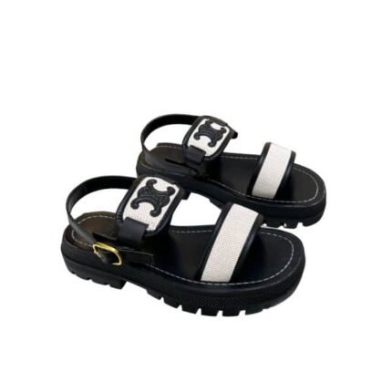 Celine Clea Triomphe Sandal In Calfskin Canvas Black