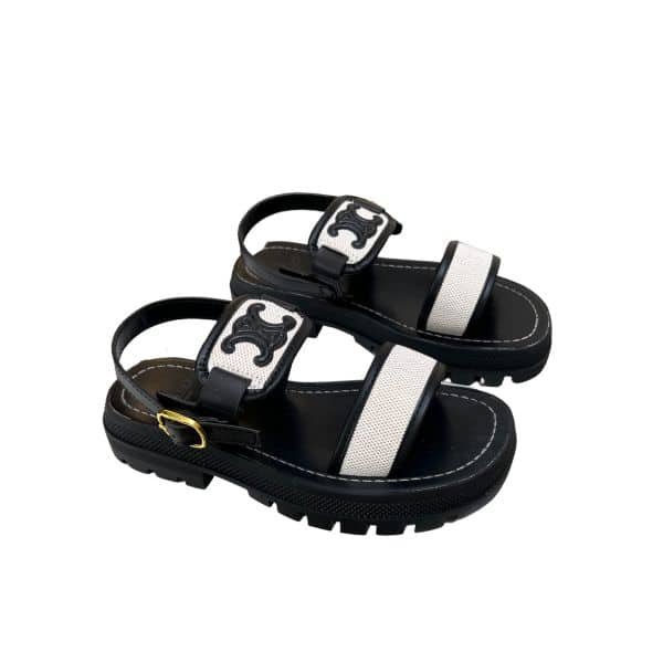 xr:d:DAFq60kf68c:515,j:4688646969919020551,t:23081503 Celine Clea Triomphe Sandal In Calfskin Canvas Black - Image 1