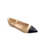 Chanel Pointed Toe Doll Shoes With Gold Flower In Beige