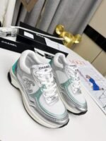 Chanel 23C Silver Metallic Cc Logo Lace Up Flat Runner Trainer Sneaker White Turquoise - Image 9