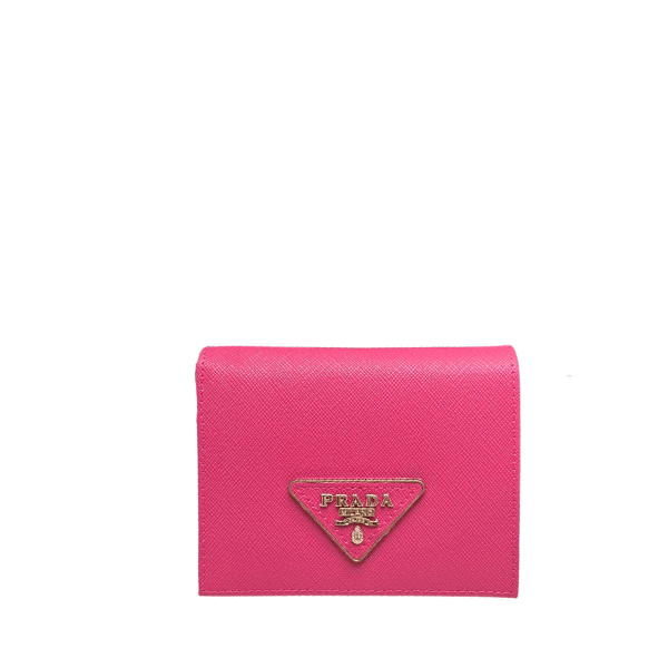 PRBAGS-1-19 Prada Small Saffiano Lux Leather Flap Continental Triangle Dark Pink Wallet 10Cm - Image 1