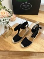 Prada Linen Espadrille Wedge Sandals Black - Image 5