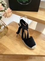 Prada Linen Espadrille Wedge Sandals Black - Image 7
