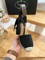 Prada Linen Espadrille Wedge Sandals Black - Image 8