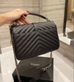 Saint Laurent College Medium Silver Chain In Quilted Black Silver 24Cm 600279Brm041000 - Image 8