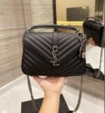 Saint Laurent College Medium Silver Chain In Quilted Black Silver 24Cm 600279Brm041000 - Image 6