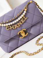 Chanel  Shiny Lambskin Quilted Mini Pearl Logo Flap Light Purple - Image 3