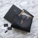 Saint Laurent Black Chevron Leather Monogram Chain Cassandre Tote - Image 3