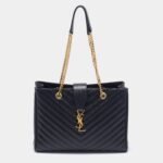 Saint Laurent Black Chevron Leather Monogram Chain Cassandre Tote